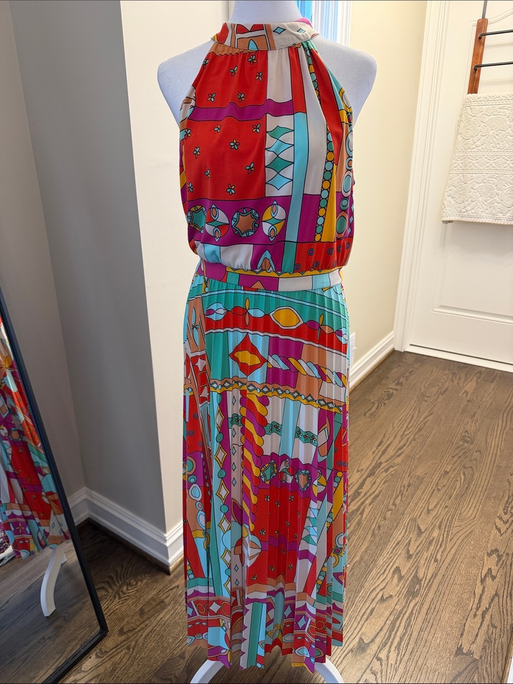 Donna Morgan Multicolor Halter Midi Dress - Red, Turquoise, Pink, Yellow